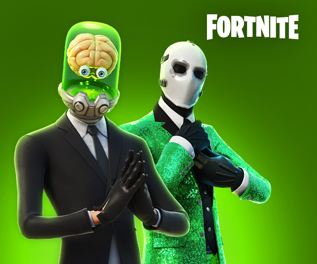 Fortnite, 브레인스톰과 와일드카드 캐릭터가 녹색 배경에서 포즈를 취하고 있습니다.