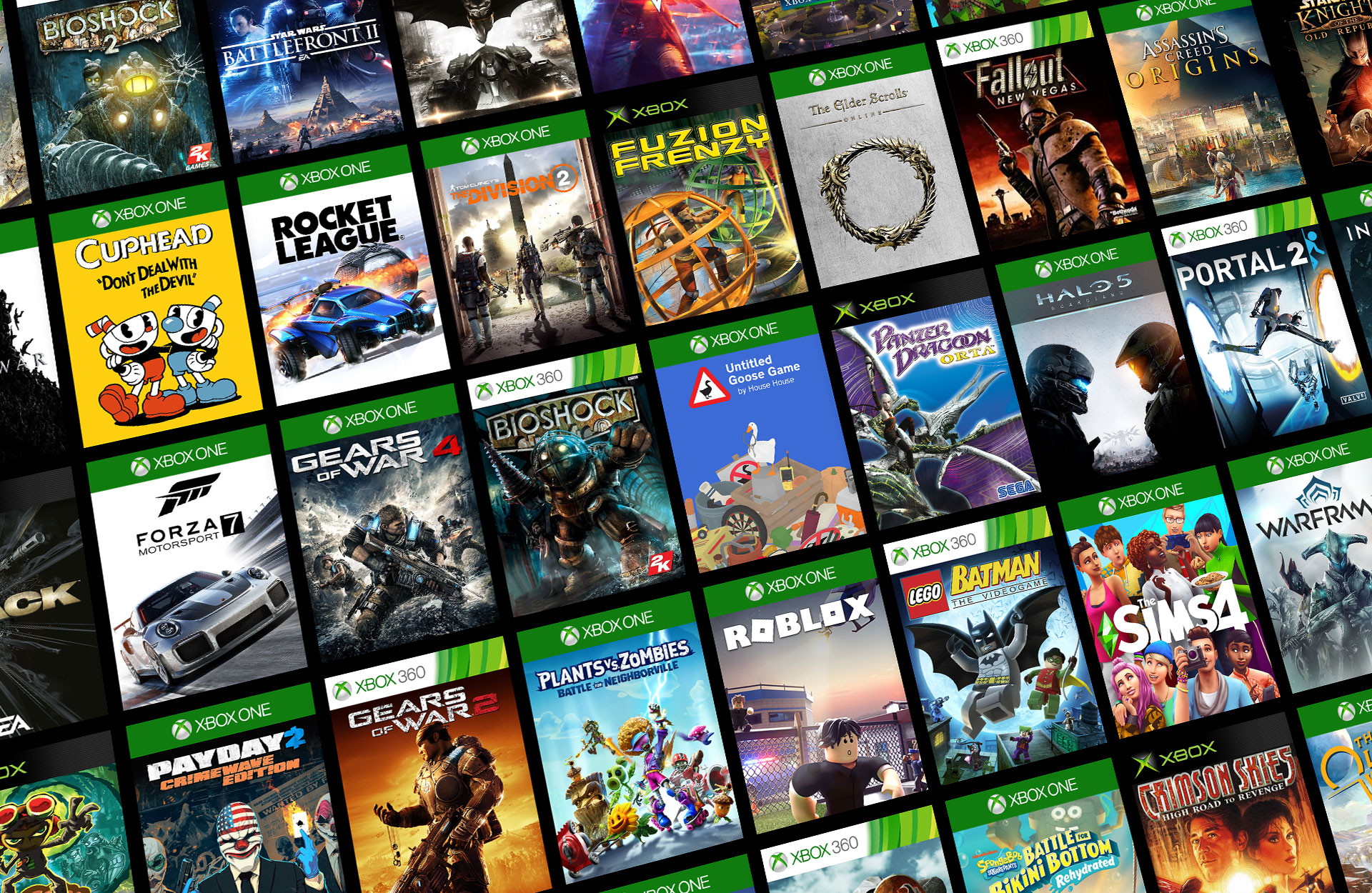 Xbox の下位互換性のあるゲーム タイトルのモザイク