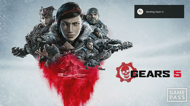 『Gears 5』を起動する Google アシスタントのスクリーンショット。右下に表示されたゲームパスのロゴ。