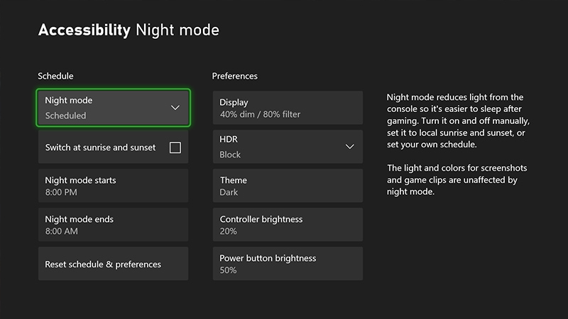 アクセシビリティ メニューにあるナイト モード オプションのスクリーンショット